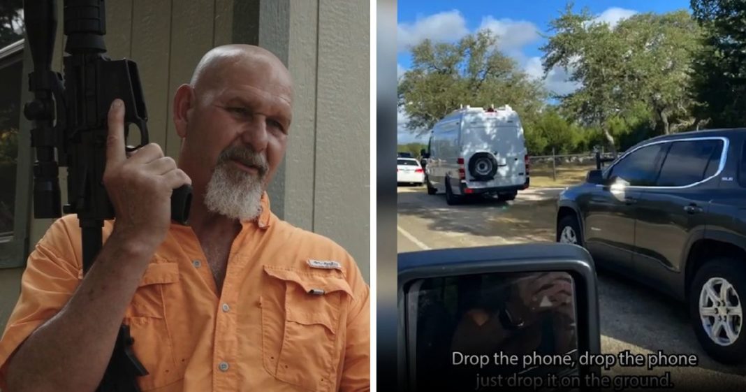 These movie screen shots from "Capitol Punishment 2: The War on Truth" shows (L) Darrel Kennemer, who attended the Jan. 6 protest at the Capitol, and (R) vehicles involved in an incident on his property.