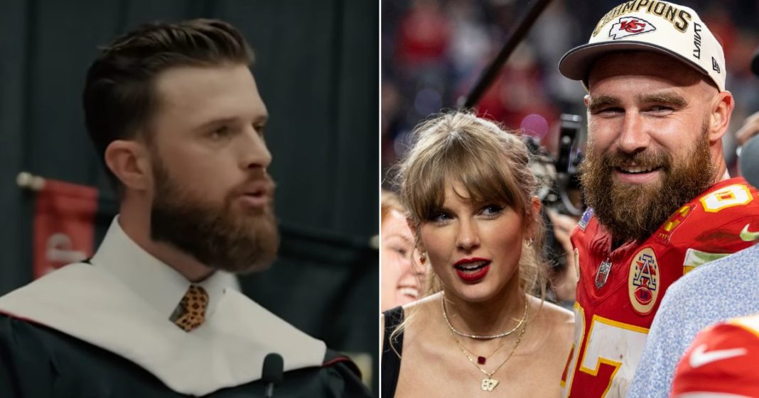 Harrison Butker's commencement speech, left, at Benedictine College stepped on a lot of liberal toes, including those of pop star Taylor Swift, the girlfriend of his teammate Travis Kelce.