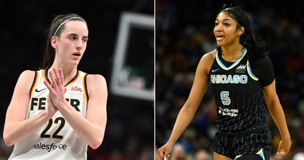 Caitlin Clark, left, of the WNBA's Indiana Fever, is pictured in a file photo from Friday. Angel Reese of the Chicago Sky is pictured during Sunday's Fever-Sky game in Chicago.