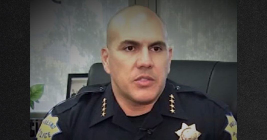 Fresno Police Chief Paco Balderrama resigned Tuesday, as officials look into allegations of an "inappropriate" relationship, according to news reports.