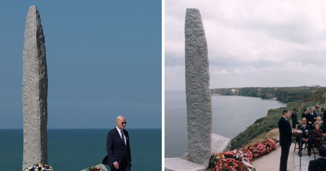 (L) U.S. President Joe Biden prepares to deliver a speech at Pointe du Hoc, where U.S. Army Rangers scaled cliffs over 100 feet high on D-Day to destroy a heavily fortified German position, on June 7, 2024 at Pointe du Hoc, near Le Bavent, France. (R) US President Ronald Reagan delivers a speech commemorating the Fortieth Anniversary of D-Day on June 6, 1984, at the site of the Allied invasion, Pointe Du Hoc, Normandy, France.