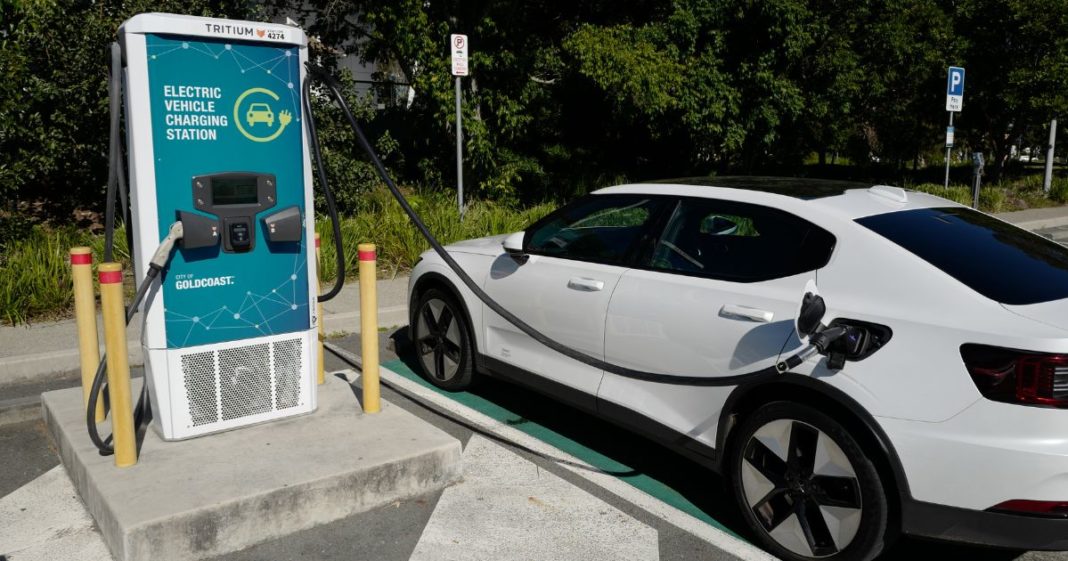 An electric car charging station on June 8, 2024 in Gold Coast, Australia. Australians are buying electric cars in record numbers but charging stations are not as quick to catch up with many places in high density areas not having the appropriate number of charging points for the vehicles.