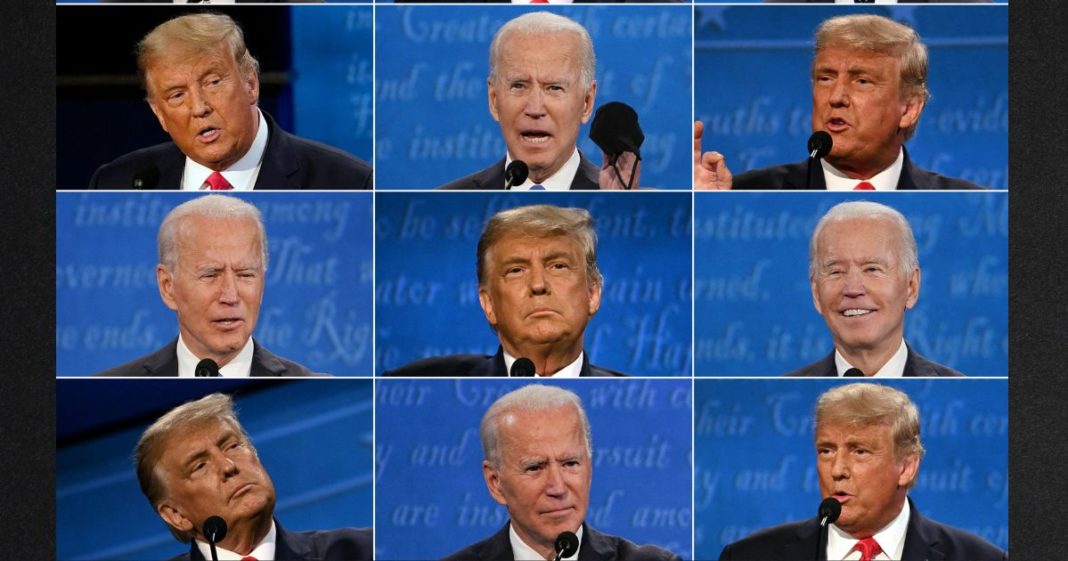 This combination of pictures shows then-President Donald Trump and then-Democratic presidential candidate and former Vice President Joe Biden during the final presidential debate in Nashville, Tennessee, on Oct. 22, 2020.