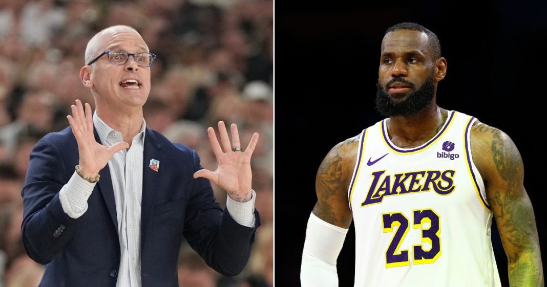 At left, UConn basketball coach Dan Hurley signals to his players during the NCAA championship game against the Purdue Boilermakers at State Farm Stadium in Glendale, Arizona, on April 8. At right, LeBron James of the Los Angeles Lakers looks on during a playoff game at Crypto.com Arena in LA on April 27.