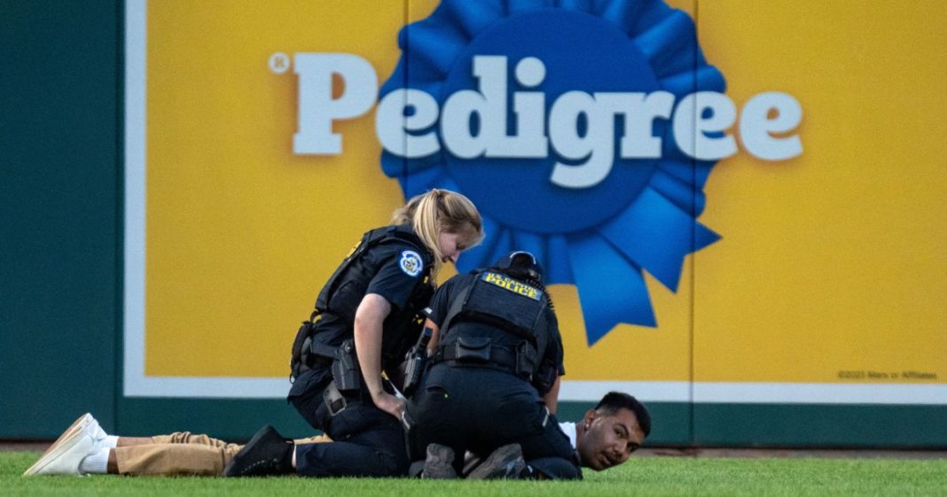 Capitol Police detain a climate protester who ran onto the field during the Congressional Baseball Game in Washington, D.C., on Wednesday.