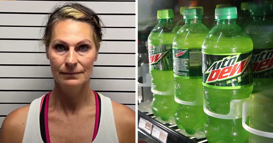 (L) This YouTube screen shot shows Michelle Peters, who stands accused of attempting to poison her husband by spiking his Mountain Dew beverage. (R) A bottle of Mountain Dew is displayed in a cooler at Marina Supermarket on July 22, 2014 in San Francisco, California.