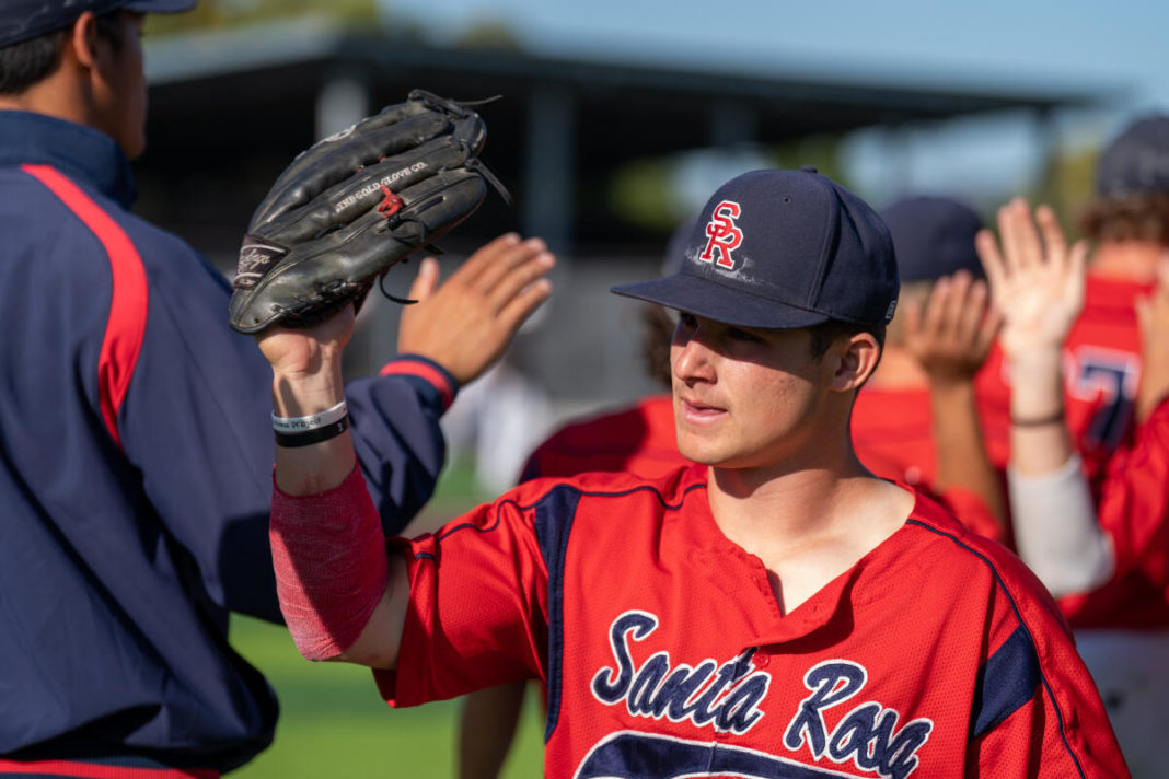 Bear Cubs outfielder Alex Leopard celebrates his team’s win against Chabot College at the 3C2A NorCal Super Regionals, avoiding elimination on Thursday, May 9, 2024 in Hayward. (Nicholas Vides / For The Press Democrat)