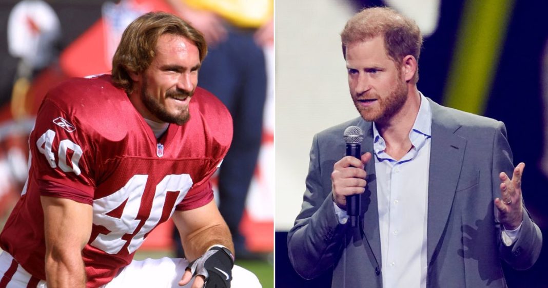 At left, Arizona Cardinals defensive back Pat Tillman smiles before a game in 2000. At right, Prince Harry, Duke of Sussex, speaks during the opening ceremony of the Invictus Games at the Merkur Spiel-Arena in Dusseldorf, Germany, on Sept. 9, 2023.