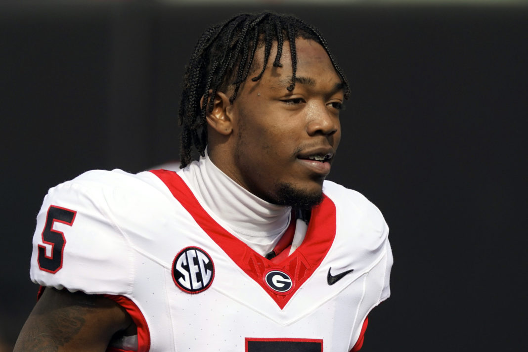 Georgia wide receiver Rara Thomas warms up before an NCAA college football game against Vanderbilt, in Nashville, Tennessee, on Oct. 14, 2023.