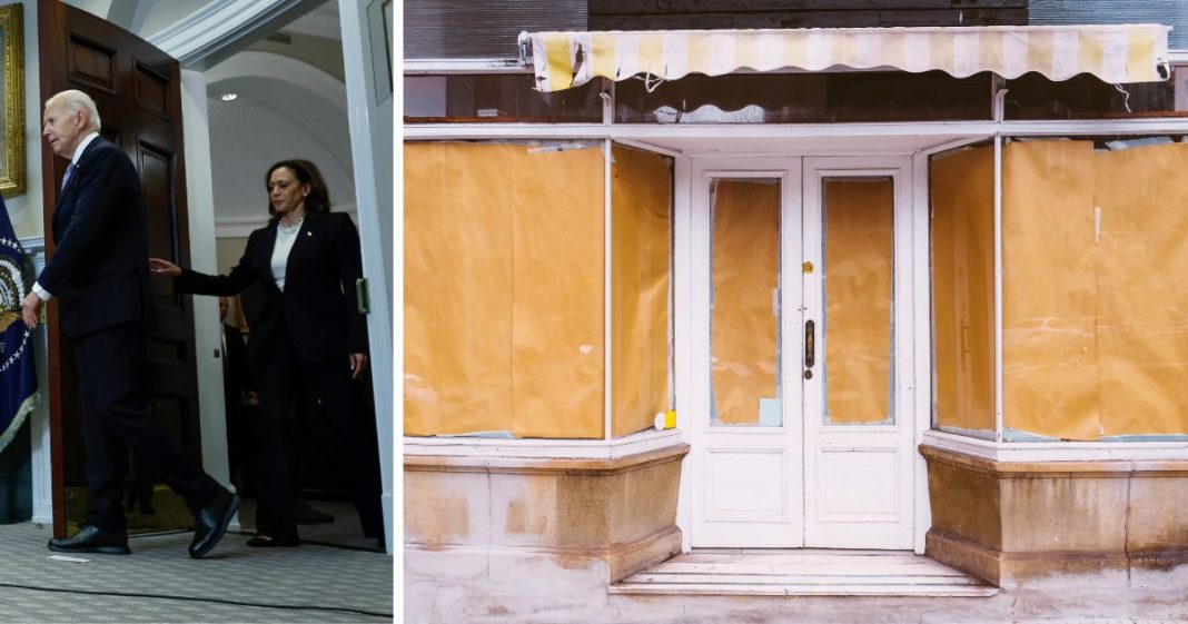 (L) U.S. President Joe Biden and U.S. Vice President Kamala Harris arrive to deliver remarks on the assassination attempt on Republican presidential candidate former President Donald Trump at the White House on July 14, 2024 in Washington, DC. (R) This Getty stock image shows a closed-up shop.