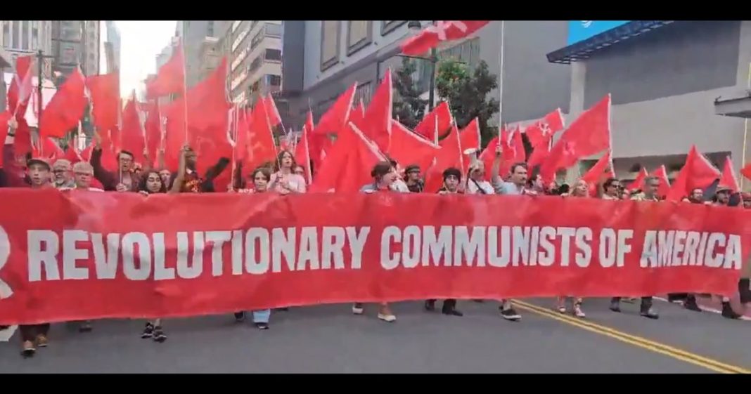 This X screen shot shows a group of "communists" marching through the streets of Philadelphia in a clip posted on July 28.