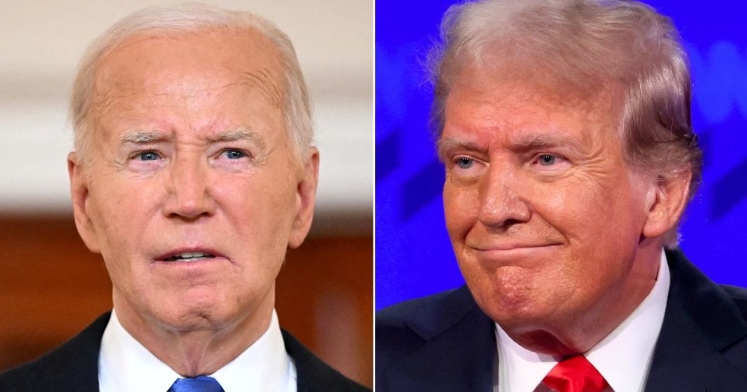 At left, President Joe Biden speaks at the Cross Hall of the White House in Washington on Monday. At right, Republican presidential candidate and former President Donald Trump participates in the CNN Presidential Debate at the CNN Studios in Atlanta on Thursday.