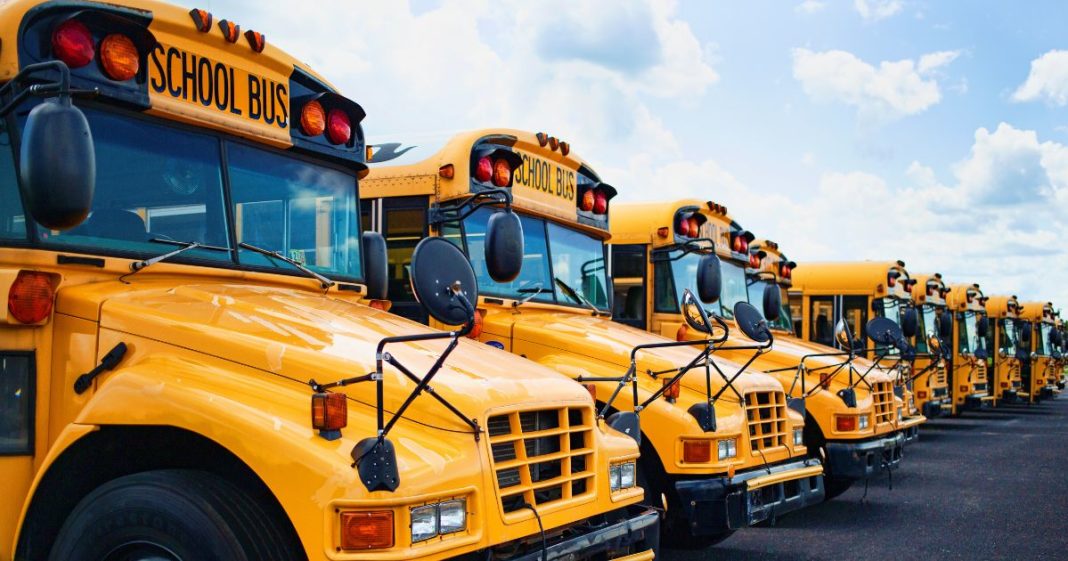 This Getty stock image shows a row of school buses.