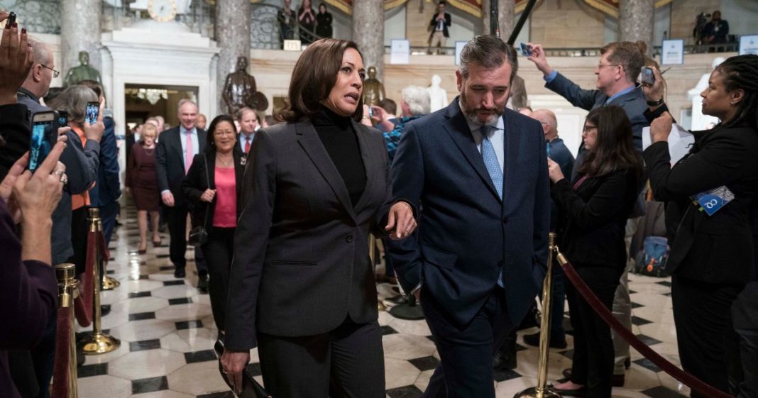 Then-Sen. Kamala Harris and Sen. Ted Cruz walk through Statuary Hall to the House Chamber for the State of the Union on February 4, 2020 in Washington, DC.