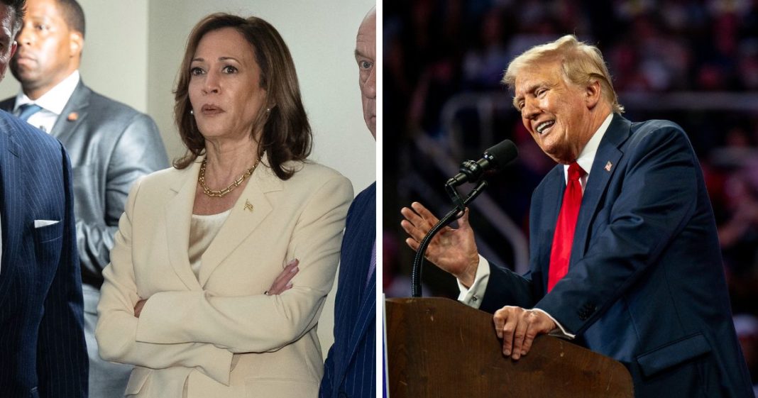 (L) US Vice President Kamala Harris and others listen after a briefing on Hurricane Beryl recovery efforts at the City of Houston Emergency Operation Center in Houston, Texas, on July 24, 2024. (R) U.S. Republican Presidential nominee former President Donald Trump speaks to attendees during his campaign rally at the Bojangles Coliseum on July 24, 2024 in Charlotte, North Carolina.