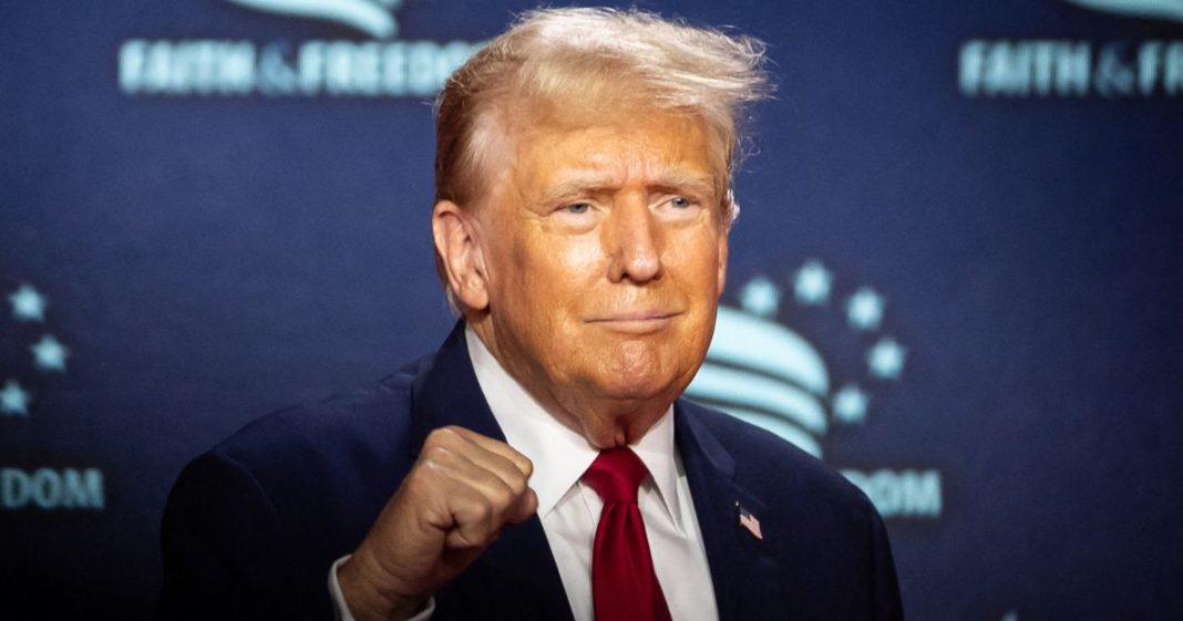 Former President Donald Trump pumps his fist after speaking at the annual Road to Majority conference in Washington, D.C., on June 22.