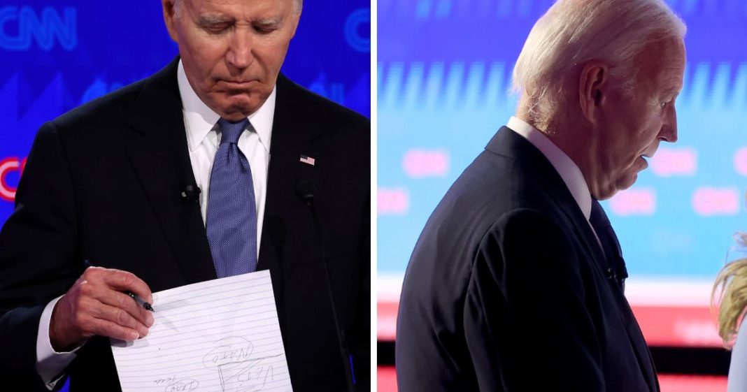 (L) U.S. President Joe Biden participates in the CNN Presidential Debate at the CNN Studios on June 27, 2024 in Atlanta, Georgia. (R) U.S. President Joe Biden walks off with first lady Jill Biden (not pictured) following the CNN Presidential Debate at the CNN Studios on June 27, 2024 in Atlanta, Georgia.