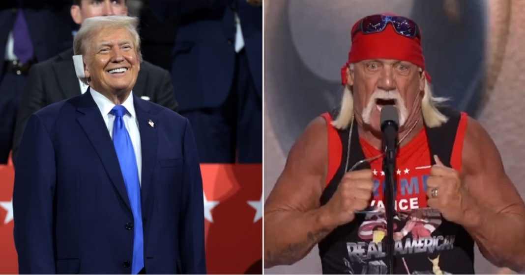 Former President Donald Trump grins in a Tuesday photo from the Republican National Convention in Milwaukee, left; professional wrestler Hulk Hogan, right, tears his shirt in an unforgettable moment from the convention's closing day on Thursday.