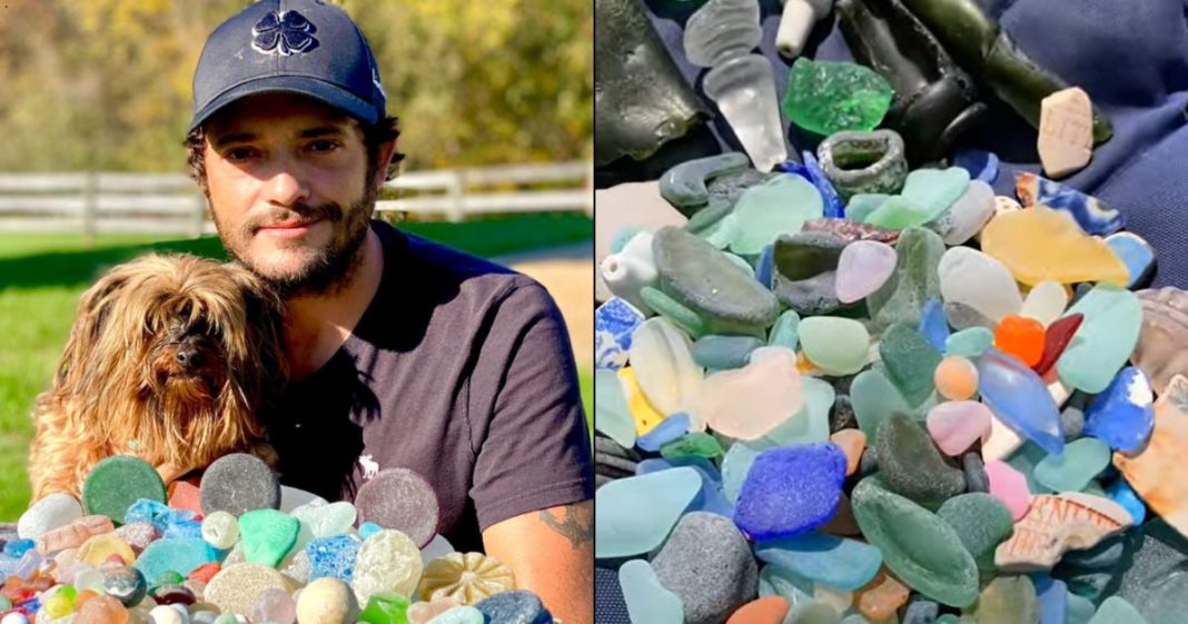 These images show retired Army Vet Kyle Davis and his dog Little Coconut next to the rare sea glass that they have found on their adventures.