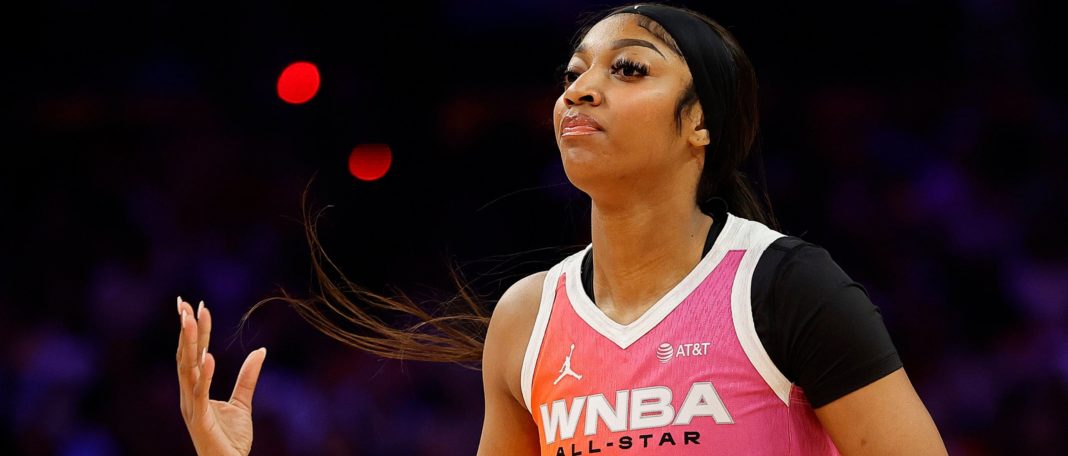 PHOENIX, ARIZONA - JULY 20: Angel Reese #5 of Team WNBA reacts after scoring during the first quarter of the 2024 WNBA All Star Game at Footprint Center on July 20, 2024 in Phoenix, Arizona. (Photo by Alex Slitz/Getty Images)