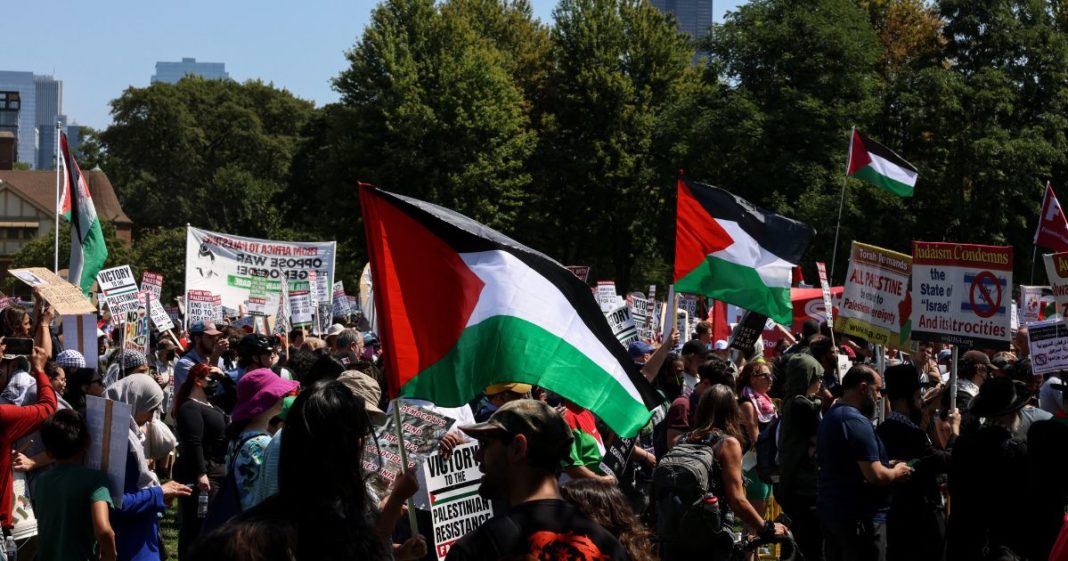 Pro-Palestinian protesters demonstrate in Union Park before the start of the Democratic National Convention (DNC) in Chicago, Illinois, on August 19, 2024.