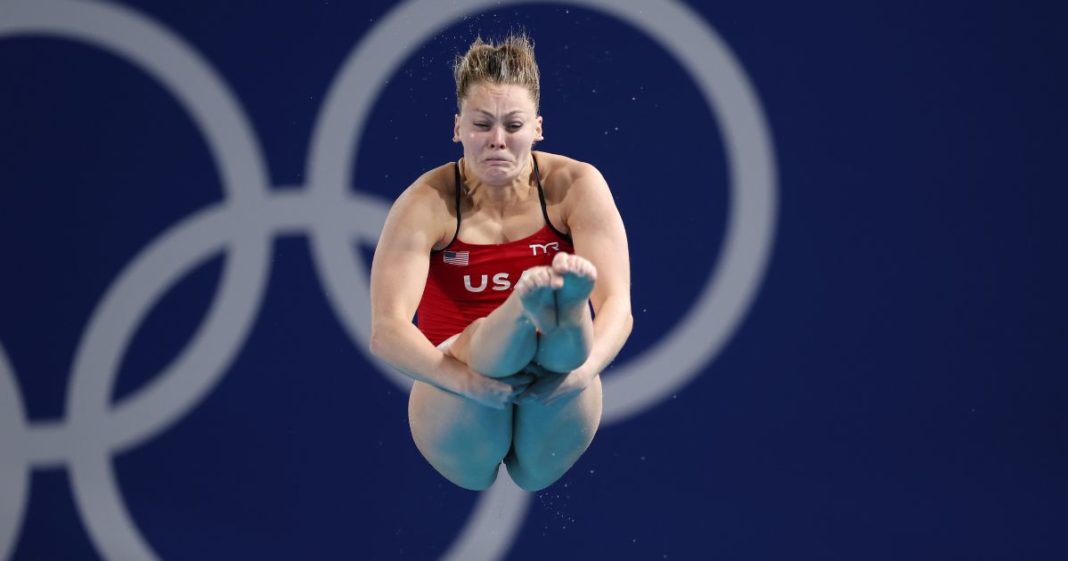 Alison Gibson of Team United States competes in the Women's 3 meter Springboard Preliminaries on day 12 of the 2024 Olympic Games Thursday in Paris.