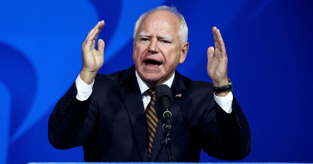 Democratic vice presidential candidate Minnesota Governor Tim Walz speaks at the 46th International Convention of the American Federation of State, County and Municipal Employees (AFSCME) at the Los Angeles Convention Center on August 13, 2024 in Los Angeles, California.