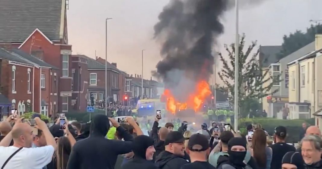 This X screen shot posted on July 30 shows a riotous scene in England, following a deadly stabbing attack that targeted a children's dance studio.