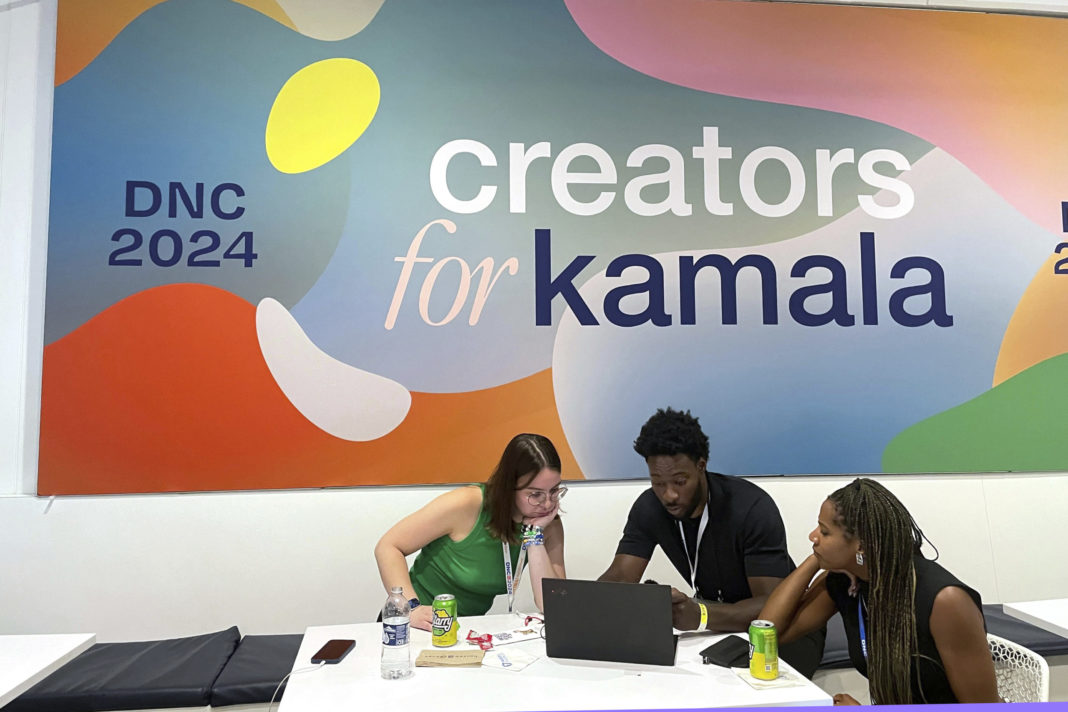 Content creators are pictured at the Democratic National Convention at the United Center in Chicago on Wednesday.