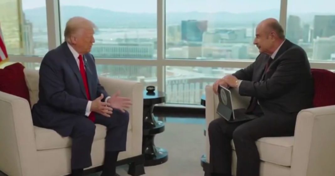 In an interview published on Tuesday, Dr. Phil, right, asked former President Donald Trump, left, why he thought he was spared from an assassin's bullet on July 13.