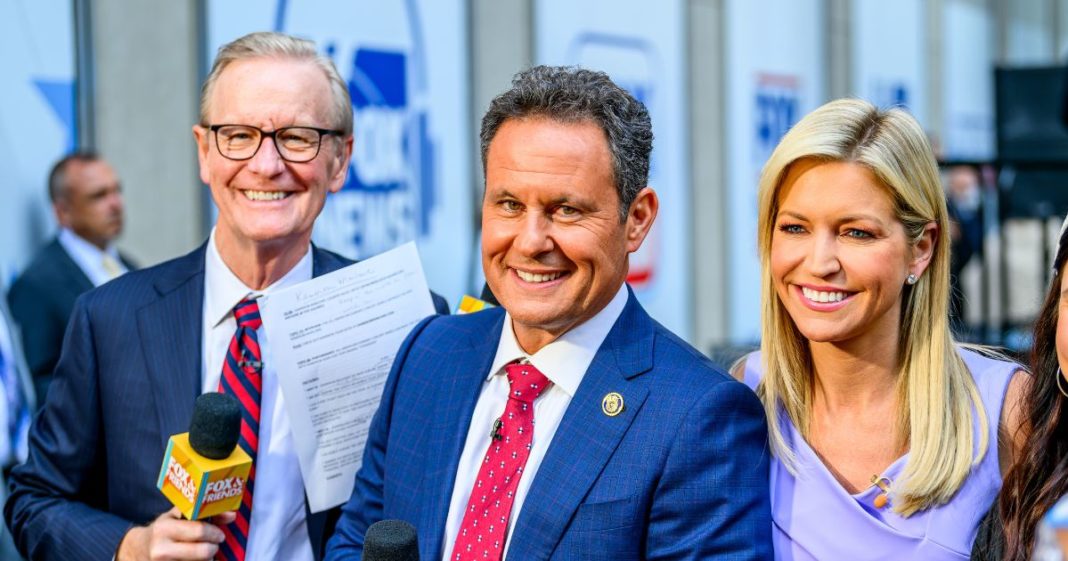 Hosts Steve Doocy, Brian Kilmeade and Ainsley Earhardt as Kameron Marlowe performs during FOX & Friends All-American Concert Series