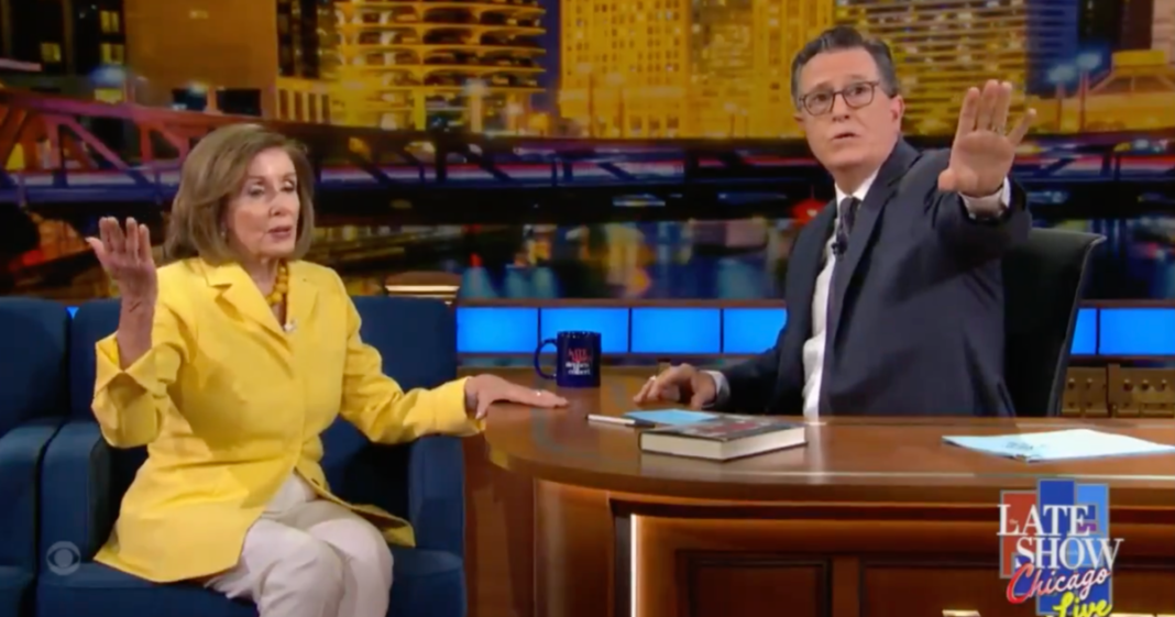 Fresh From Leading the Biden Coup, Queen of Mean Nancy Pelosi Interrupted by Anti-Israel Wackos During Late Night Love Fest with Stephen Colbert (Video) | The Gateway Pundit | by Margaret Flavin