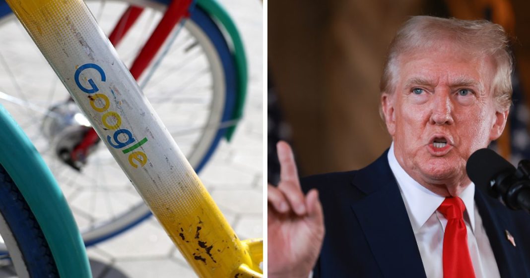 (L) The Google logo is displayed on a Google bike on January 30, 2024 in Mountain View, California. (R) Republican presidential candidate former President Donald Trump speaks during a press conference at his Mar-a-Lago estate on August 8, 2024, in Palm Beach, Florida.