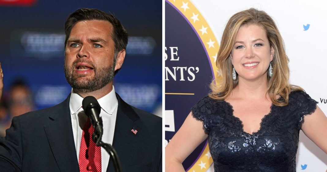 (L) Republican Vice Presidential Candidate Sen. JD Vance (R-OH) delivers remarks during a campaign rally at 2300 Arena on August 6, 2024 in Philadelphia, Pennsylvania. (R) Brianna Keilar attends Full Frontal With Samantha Bee's Not The White House Correspondents' Dinner at DAR Constitution Hall on April 29, 2017 in Washington, DC.