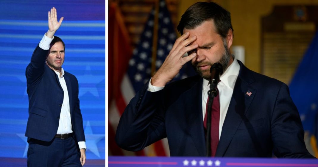 (L) Kentucky Governor Andy Beshear arrives onstage to speak on the first day of the Democratic National Convention (DNC) at the United Center in Chicago, Illinois, on August 19, 2024. (R) Republican Vice Presidential candidate Sen. JD Vance (R-OH) speaks at a campaign rally at VFW Post 92 on August 15, 2024 in New Kensington, Pennsylvania.