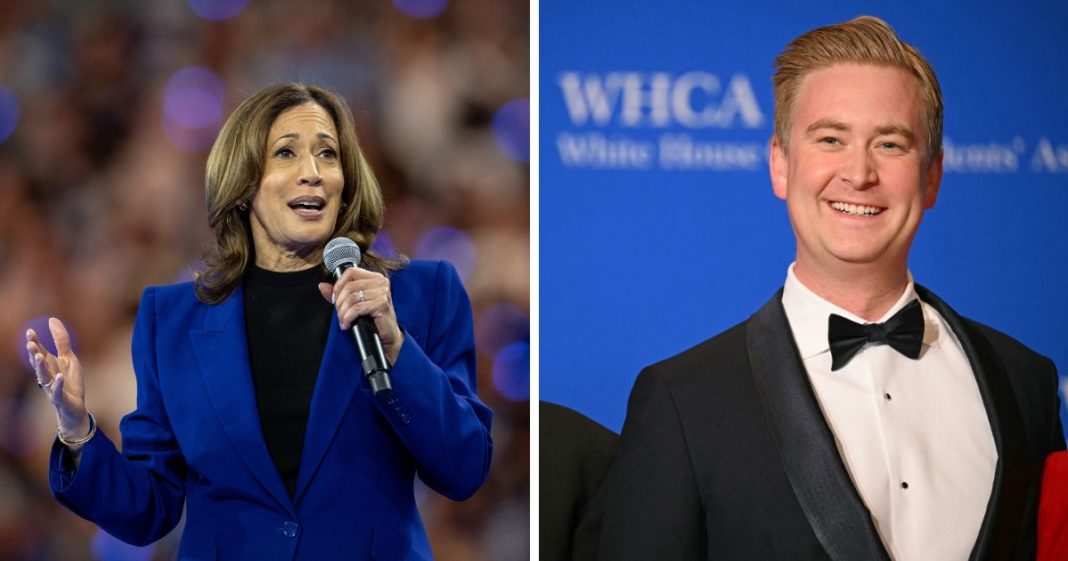 (L) Democratic presidential candidate and U.S. Vice President Kamala Harris speaks to supporters at a campaign rally at the Fiserv Forum on August 20, 2024 in Milwaukee, Wisconsin. (R) US journalists Steve Doocy (not pictured) and Peter Doocy arrive for the White House Correspondents' Association (WHCA) dinner at the Washington Hilton, in Washington, DC, on April 27, 2024.