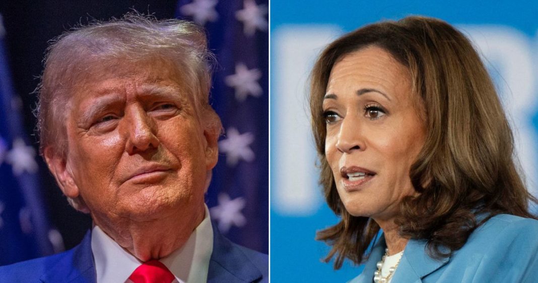 Vice President Kamala Harris, right, is slipping in the polls in battleground states as former President Donald Trump advances.