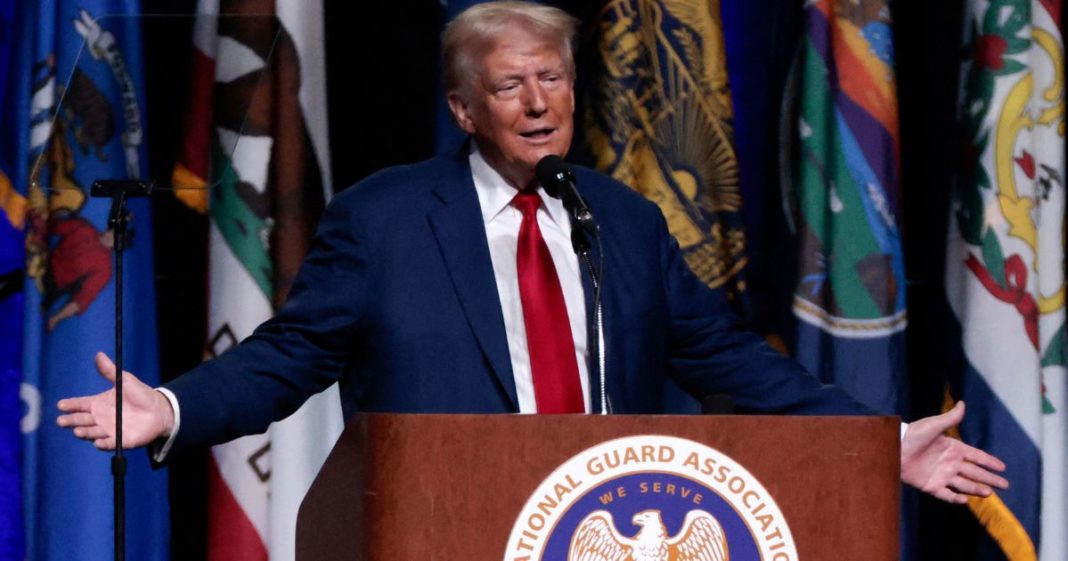 Former President Donald Trump gives remarks at the National Guard Association of the United States' 146th General Conference & Exhibition in Detroit, Michigan, on Monday.