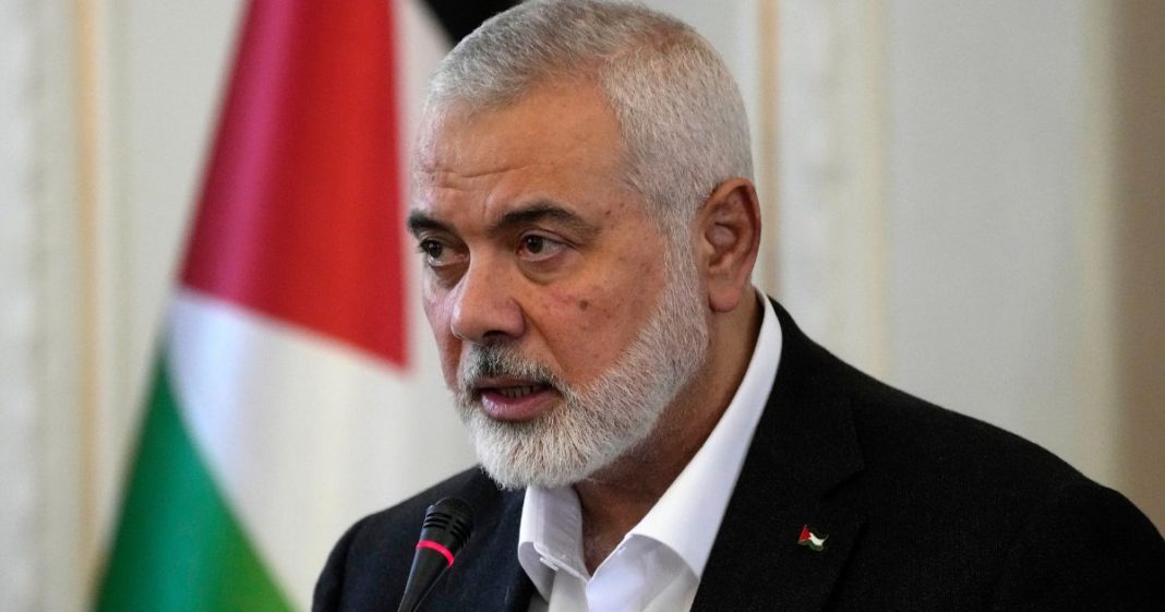 Hamas chief Ismail Haniyeh speaks during a media briefing after his meeting with Iranian Foreign Minister Hossein Amirabdollahian in Tehran, Iran, on March 26.