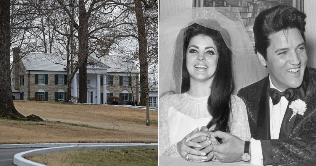 Music icon Elvis Presley is seen at right with his bride, Priscilla Beaulieu Presley, on their wedding day, May 1, 1967, in Las Vegas, Nevada. Officials said a scammer tried to force the auction of Presley's Graceland mansion in Memphis, Tennessee.