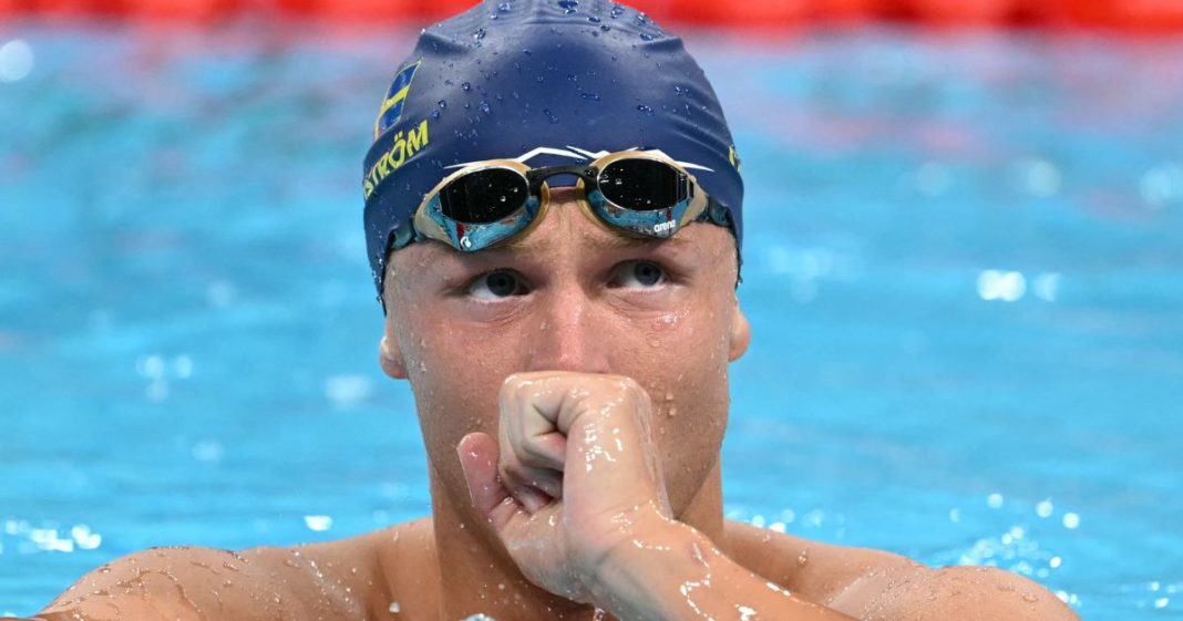 Olympic swimmer Victor Johansson of Sweden reacts after competing in a heat of the men's 1,500-meter freestyle swimming event during the Paris 2024 Olympic Games on Saturday.