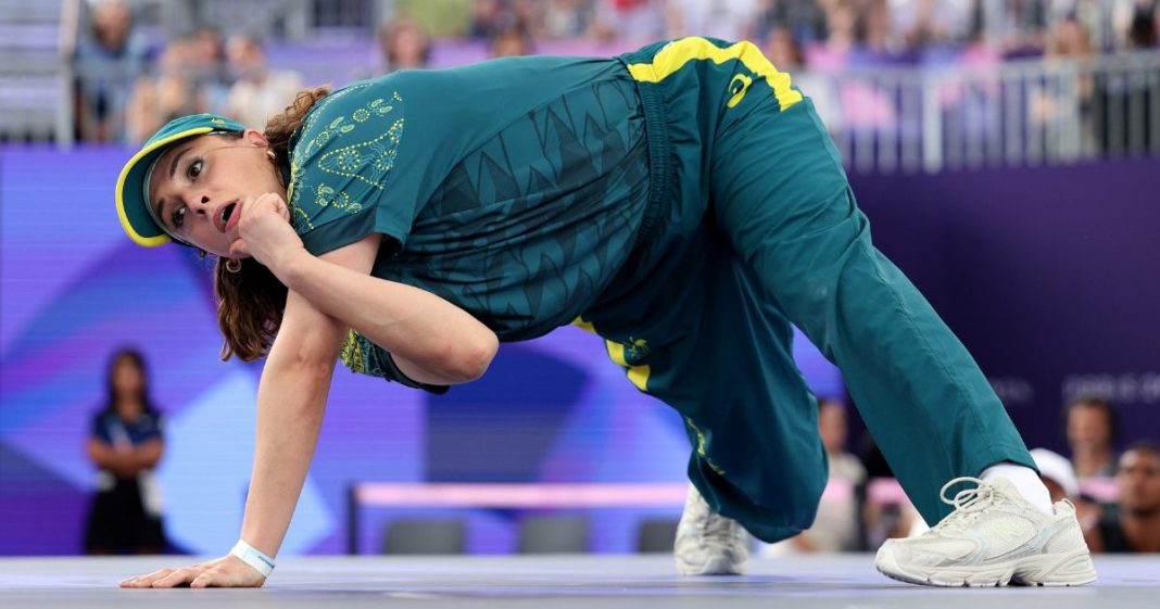 B-Girl Raygun of Team Australia competes during the B-Girls Round Robin - Group B at the Olympic Games in Paris, France, on Friday.