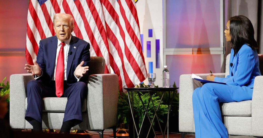 Former US President and 2024 Republican presidential nominee Donald Trump answers questions as moderator and journalist Rachel Scott (R) looks on during the National Association of Black Journalists annual convention in Chicago, Illinois, on July 31, 2024.