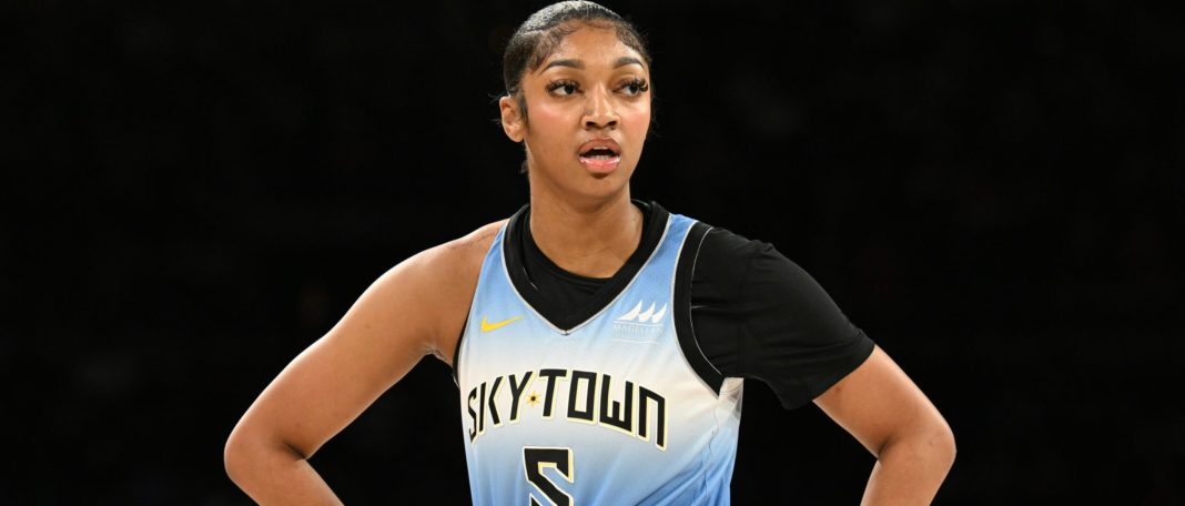 LAS VEGAS, NEVADA - JULY 16: Angel Reese #5 of the Chicago Sky looks on against the Las Vegas Aces in the first half of their game at Michelob ULTRA Arena on July 16, 2024 in Las Vegas, Nevada. The Sky defeated the Aces 93-85. (Photo by Candice Ward/Getty Images)