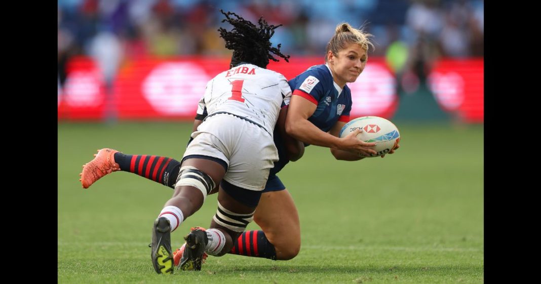 Amy Wilson Hardy of Great Britain is tackled during the 2023 Sydney Sevens match between Great Britain and the United States at Allianz Stadium on January 28, 2023 in Sydney, Australia.