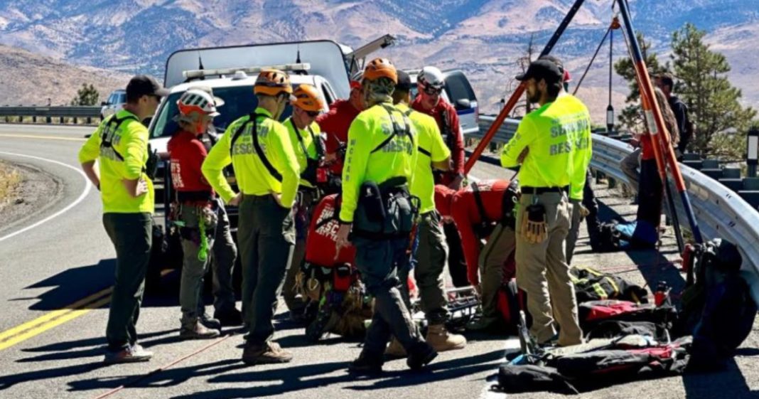 Washoe County’s Search and Rescue team prepares to recover the body of Patricia Portella-Wright on Thursday, after a drone captured footage of her body.