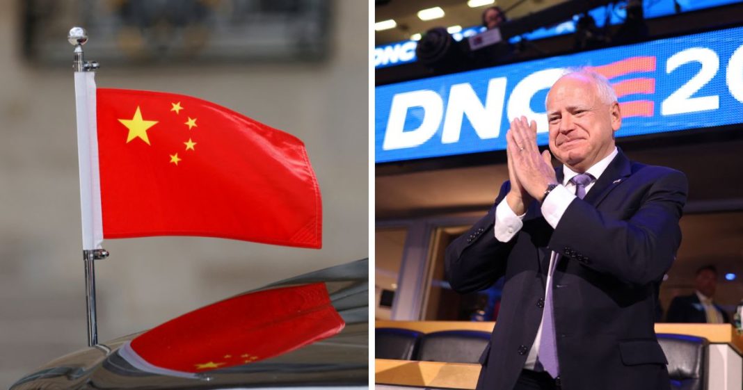 (L) The Chinese flag representing the vehicle transporting the Chinese President is parked in the grounds of The Elysee Presidential Palace during his official state visit, in Paris on May 6, 2024. (R) Minnesota Governor and 2024 Democratic vice presidential candidate Tim Walz gestures on the first day of the Democratic National Convention (DNC) at the United Center in Chicago, Illinois, on August 19, 2024.