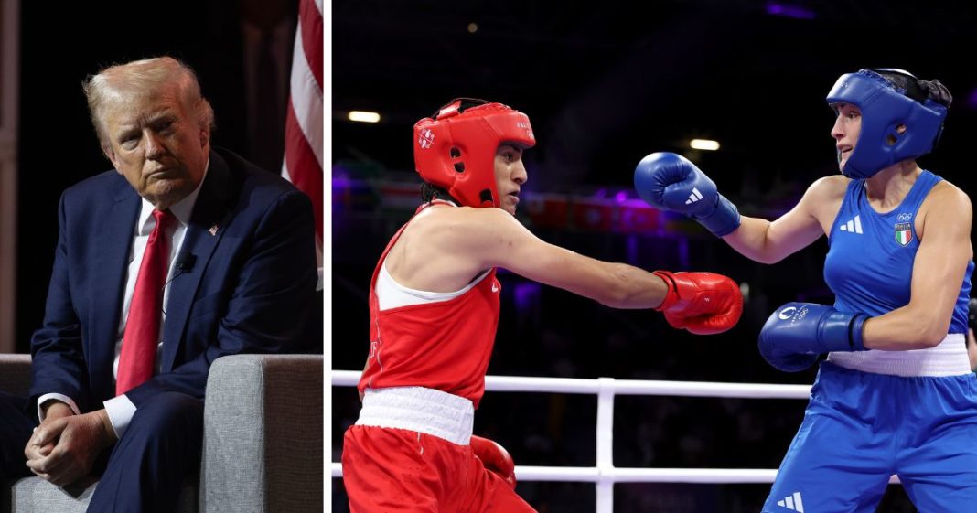 (L) Republican presidential candidate former President Donald Trump participates in a question and answers session at the National Association of Black Journalists (NABJ) convention at the Hilton Hotel on July 31, 2024 in Chicago, Illinois. (R) Imane Khelif of Team Algeria and Angela Carini of Team Italy exchange punches during the Women's 66kg preliminary round match on day six of the Olympic Games Paris 2024 at North Paris Arena on August 1, 2024 in Paris, France.