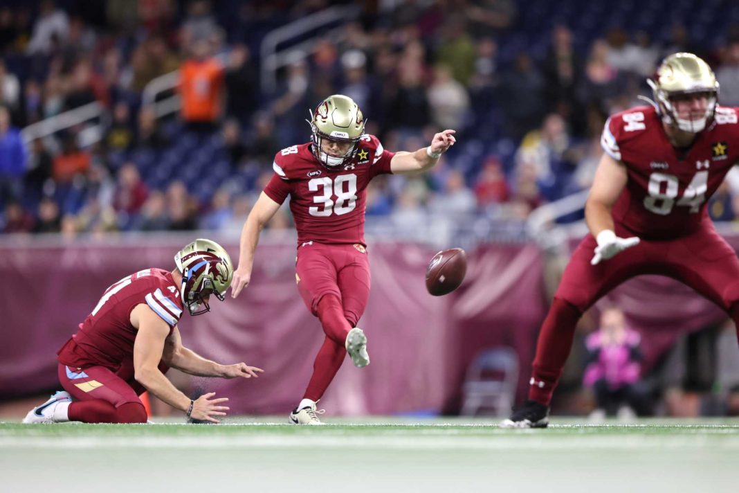 Jake Bates #38 of the Michigan Panthers kicks a 62-yard field goal during the second quarter against the Birmingham Stallions at Ford Field on April 07, 2024 in Detroit, Michigan. (Photo by Rey Del Rio/UFL/Getty Images)