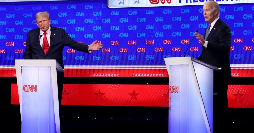 ormer President Donald Trump, left, gestures to President Joe Biden, right, during the presidential debate in Atlanta, Georgia, on June 27.